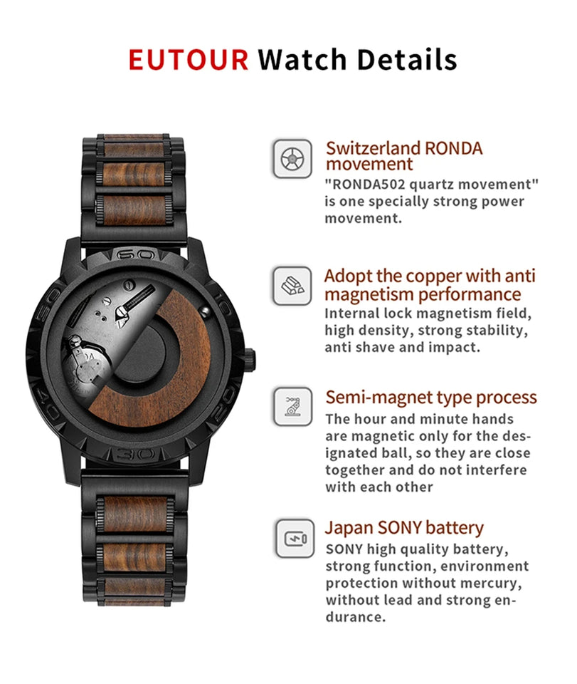 EUTOUR Men's Wood Magnetic Ball Watches